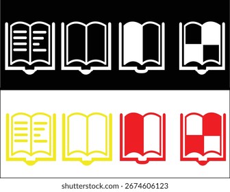A clean and professional set of 8 open book icons with various fills and color schemes. Ideal for e-learning platforms, education apps, websites, and digital interfaces.