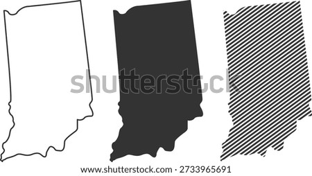A clean, professional set of Indiana state map silhouettes. Includes solid black and outline versions for creative and educational use.