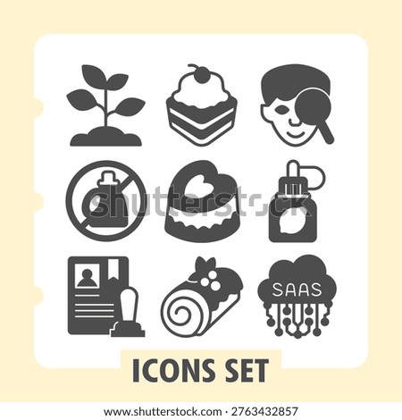 Clean and professional set of nine glyph icons representing nature, jurisprudence, sweets, analytics and cloud computing concepts. Ideal for web design, presentations and print on white background