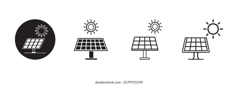 Clean and professional solar panel icon set featuring sun symbols representing renewable energy sustainability and solar power technology perfect for eco-friendly projects.