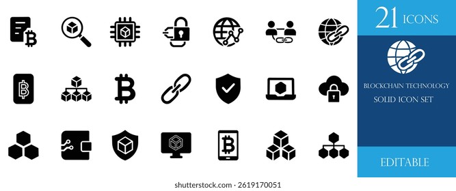 A clean and professional solid black icon set based on blockchain technology, cryptocurrency, security, bitcoin, data protection, and digital transactions. Perfect for web and apps.
