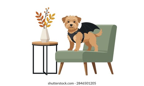 A clean, professional vector graphic featuring a scruffy brown pet dog dressed in a spooky Halloween bat costume. The dog is positioned on a modern sage green upholstered chair. Beside the chair is a contemporary round side table holding a geometric white vase filled with orange and yellow autumn leaves. The entire composition is isolated on a white background.