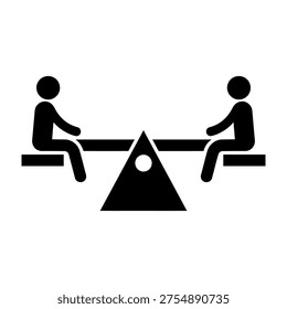 A clean and professional vector illustration featuring two human figures balanced on a seesaw, symbolizing concepts like equality, teamwork, fair play, and childhood playground memories.