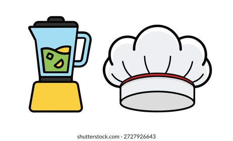 A clean and professional vector illustration focusing on culinary preparation. The image features a modern electric blender filled with green ingredients and a classic white chef's toque hat. This design is perfect for cooking class advertisements, restaurant menus, recipe blogs, and kitchen appliance marketing.