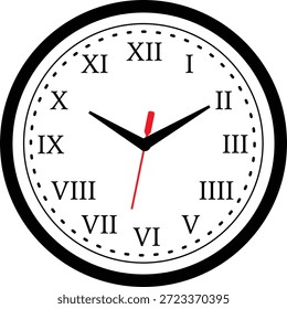 A clean and professional vector illustration of a modern analog clock face featuring traditional Roman numerals and a central red second hand. This minimalist timekeeping graphic captures the essence of productivity, scheduling, and the daily urban routine, making it a high-value asset for the office, education, and lifestyle industries. The design features perfectly smooth vector paths and clear markings for hours and minutes, ensuring high visibility and immediate recognition across various media applications. The scalable EPS format is expertly designed for use in digital illustration, user interface (UI) icons, and promotional signage for productivity apps. Conceptually, the imagery represents time, discipline, and the rhythm of a productive day. It is highly optimized for use with vinyl cutting machines like Cricut and Silhouette used to produce tech-themed home decor, personalized desk labels, and custom stickers for planners. The master craftsmanship ensures that the geometric precision of the clock face remains sharp even when resized for small-scale mobile icons or large-format promotional banners, providing an authoritative and sophisticated visual for all contexts related to time management and punctuality. It serves as an essential tool for branding in the corporate and educational sectors, capturing the reliable and organized nature of modern living.