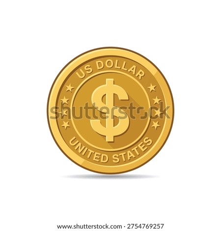 A clean and professional vector illustration of a shiny gold US dollar coin. The coin features the dollar sign, "US DOLLAR" and "UNITED STATES" text, and decorative stars.