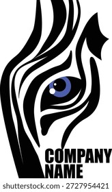 A clean and professional vector logo template featuring a stylized abstract zebra profile on a white background. The design uses fluid black tribal-style stripes to form the animal's head and mane, creating a sense of movement and elegance. A calm periwinkle-blue eye provides a subtle pop of color and a focal point for the viewer. The layout includes bold, black sans-serif placeholder text reading COMPANY NAME at the bottom, demonstrating how a business title fits into the composition. This minimalist graphic is ideal for corporate branding, creative agencies, security firms, or wildlife conservation organizations seeking a strong, customizable visual identity.
