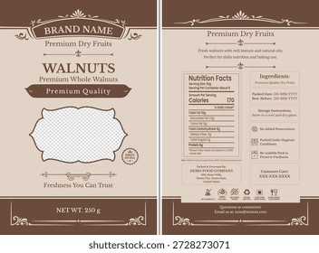 Design de embalagem de nozes limpo e profissional com fatos nutricionais para marca de alimentos saudáveis.