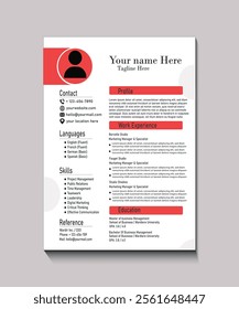 A clean and professional white and red resume template with organized sections for profile, work experience, education, skills, and languages. Ideal for both creative and corporate job applications.