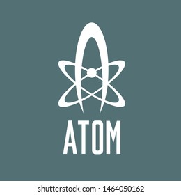 A clean and professional white vector logo featuring a stylized atom symbol on a solid grey-blue background. The design consists of an arched outer shell encircling a central nucleus with orbiting electron paths. This minimalist emblem perfectly represents nuclear energy, scientific research, physics laboratories, advanced technology, and educational institutions. The "ATOM" typography at the bottom adds a strong, authoritative branding element.