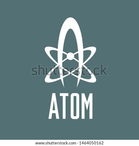 A clean and professional white vector logo featuring a stylized atom symbol on a solid grey-blue background. The design consists of an arched outer shell encircling a central nucleus with orbiting electron paths. This minimalist emblem perfectly represents nuclear energy, scientific research, physics laboratories, advanced technology, and educational institutions. The "ATOM" typography at the bottom adds a strong, authoritative branding element.
