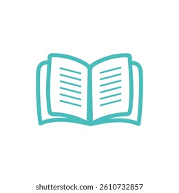 A clean purple outline illustrates an open book with visible pages and text lines on a white background.