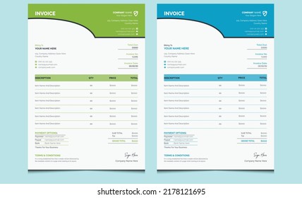 Clean quotation design. Blue and green corporate invoice template. Elegant modern money bill form price business invoice template. Creative minimal cash memo voucher receipt design.