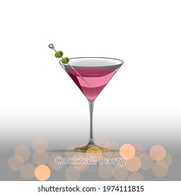 Clean Realistic Alcoholic Cocktail Vector illustration for Party in the club. Created for menu designs for Bar and Restaurant, luxury trendy drink in cocktail glass decorated with olives