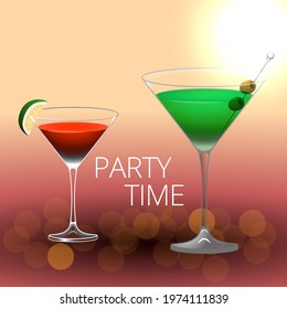 Clean Realistic Alcoholic Cocktail Vector illustration for Party in the club. Created for menu designs for Bar and Restaurant, luxury trendy drink in cocktail glass decorated with olives