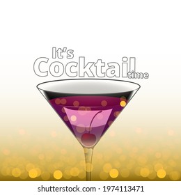 Clean Realistic Alcoholic Cocktail Vector illustration for Party in the club. Created for menu designs for Bar and Restaurant, luxury trendy drink in cocktail glass decorated with cherry