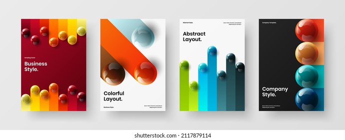 Clean realistic balls presentation concept composition. Vivid brochure design vector illustration bundle.