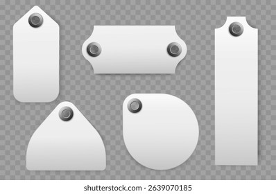 Clean realistic labels. Clothing tags. Advertising discount. Sale 3D stickers mockup. Fabric badges attached with button. Shopping offer. Plastic board branding. Vector