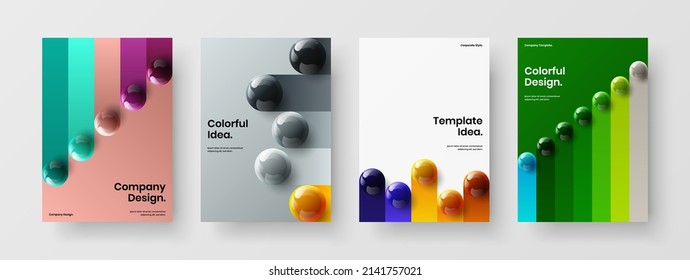 Clean realistic spheres leaflet concept set. Modern book cover design vector layout bundle.