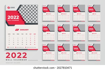 Clean Red Color 2022 Wall Calendar Design Template