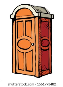 Clean red pee cubicle stall gear set on white paper text space. Bright orange color hand drawn camp event poop waste hygiene bin box logo pictogram sign in art modern doodle style. Close up line view