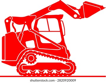 A clean red silhouette of a compact skid steer loader with tracks and a raised bucket. This graphic is ideal for construction industry logos, safety signs, or heavy machinery branding projects.