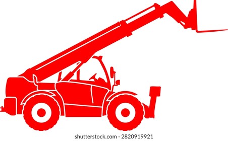 A clean red silhouette of a telescopic handler forklift on a white background. This graphic is ideal for construction, industrial, and logistics-themed design projects.