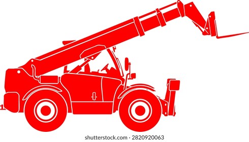 A clean red silhouette of a telescopic handler isolated on white. This graphic is ideal for construction, logistics, and industrial safety signage or marketing materials.