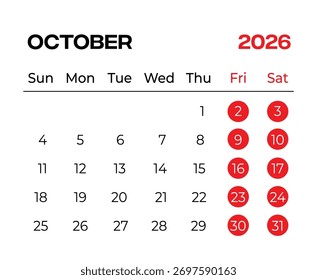  Plantilla del Calendario Mensual de Octubre 2026