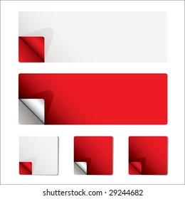 Clean red and white stickers with backing and page curl