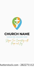 Clean religious identity. Cross and human figure icon for ministry and worship.