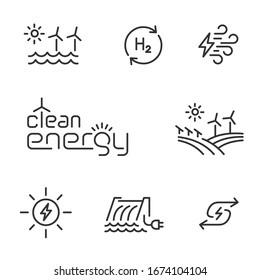 Iconos de la línea de energía limpia y renovable. 