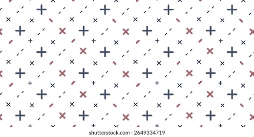 Um padrão limpo e repetido com um fundo branco, exibindo um arranjo disperso de sinais de adição de azul escuro, traços vermelhos pequenos e cruzes azuis escuras.