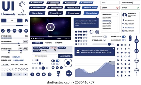 Una Plantilla limpia y receptiva con Elementos de interfaz de usuario, menú, íconos y Casillas de verificación; ideal para una página de negocios o redes sociales. Diseño Horizontal con Formas simples