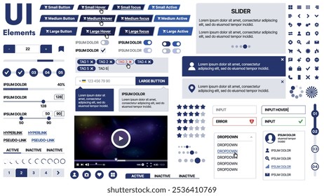 Una Plantilla limpia y receptiva con Elementos de interfaz de usuario, menú, íconos y Casillas de verificación; ideal para una página de negocios o redes sociales. Diseño Horizontal con Formas simples