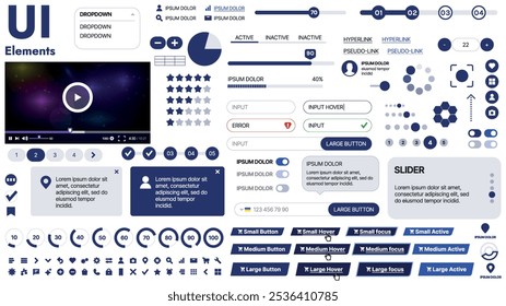 Una Plantilla limpia y receptiva con Elementos de interfaz de usuario, menú, íconos y Casillas de verificación; ideal para una página de negocios o redes sociales. Diseño Horizontal con Formas simples