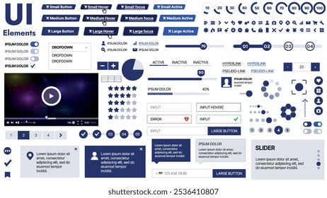 Una Plantilla limpia y receptiva con Elementos de interfaz de usuario, menú, íconos y Casillas de verificación; ideal para una página de negocios o redes sociales. Diseño Horizontal con Formas simples