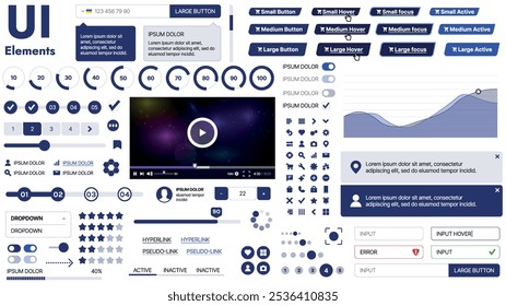 Una Plantilla limpia y receptiva con Elementos de interfaz de usuario, menú, íconos y Casillas de verificación; ideal para una página de negocios o redes sociales. Diseño Horizontal con Formas simples