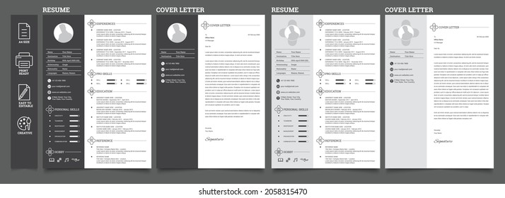 Clean Resume - Creative Minimalist CV Design Template - Cover Letter Layout for Job Application - Black and Gray Color