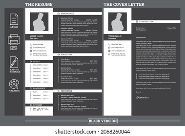 Clean Resume - Creative Minimalist CV Design Template - Cover Letter Layout For Job Application - Black And Gray