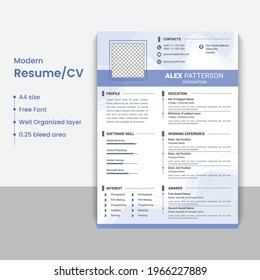 Clean Resume Template; Modern CV Vector Template;
A4 size Resume Template