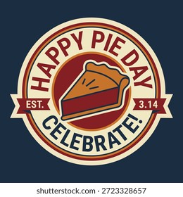 A clean retro-style vector badge illustration for Happy Pie Day featuring a Celebrate! ribbon. The circular emblem showcases a slice of pumpkin or cherry pie in the center, flanked by flags reading "Est. 3.14" to mark the mathematical Pi Day (March 14th). Designed in a classic red, cream, and navy blue color palette, this graphic is perfect for t-shirt prints, event stickers, bakery labels, and math club branding. Isolated on a dark blue background.