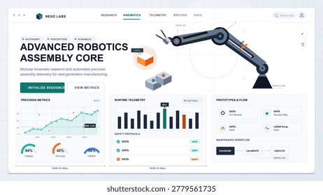 Clean robotics assembly dashboard UI with robotic arm diagram, kinematics metrics, runtime telemetry charts, safety protocols and workflow cards.