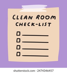 Clean room check-list. Paper note with sticky tape. Vector illustration on purple background.