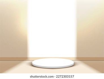 Sauberes Inneres mit weißem Kreisboden, Sonnenlicht und Schatten der Türen öffnen sich ins Haus. Platz für Ihre Grafik. Vektorgrafik.