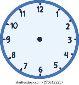 Una ilustración de reloj de pared redonda limpia que muestra números y un diseño azul simple, ideal para hojas de trabajo de enseñanza de tiempo, materiales educativos, horarios y elementos visuales del aula.