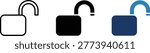 Clean rounded flat open padlock vector icon set in black and blue minimalist style. Editable and isolated unlock symbols ideal for cybersecurity apps, login systems, password recovery and access management dashboards.