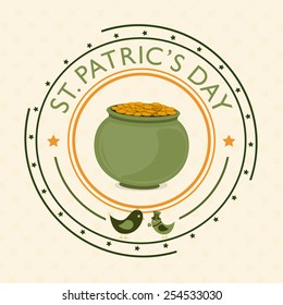 Clean rubber stamp for St. Patrick's Day celebrations with mud pot full of golden coins on beige background.