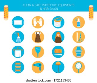 Clean And Safe Protective Equipments in Hair Salon, Objects, Icons Set, New Normal, Beauty, Shop, Healthcare