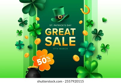 Clean Saint Patrick’s Day greeting background with clover, green hat and gold coins, horseshoe on green strap background. Vector Illustration template.